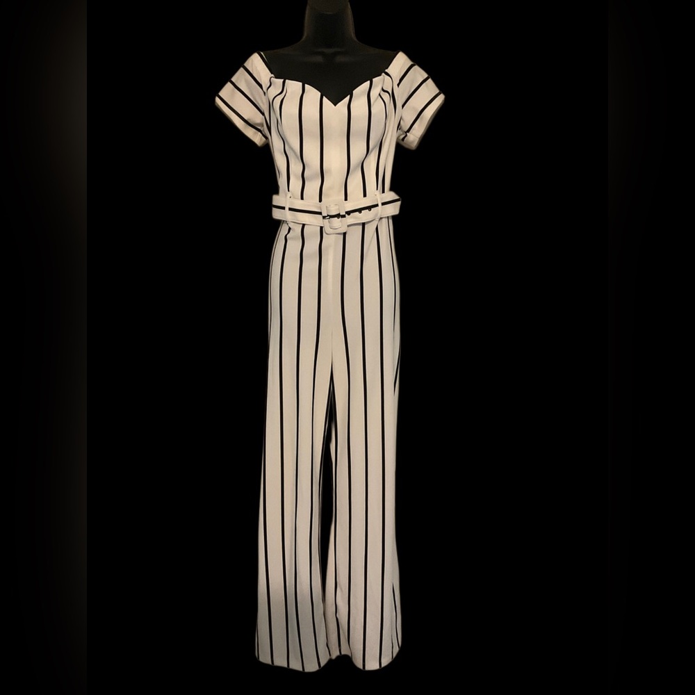 Black and White Striped Off-the-Shoulder Jumpsuit with Belted Waist